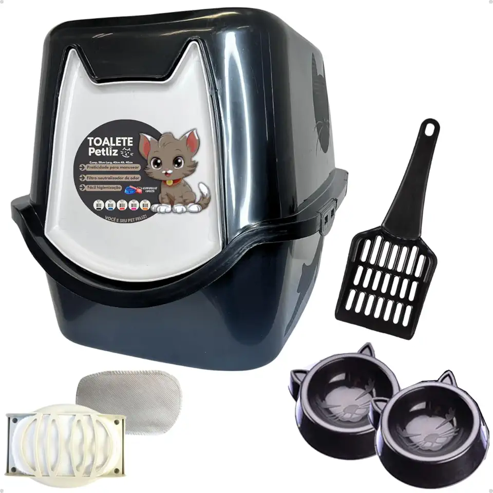 Caixa de areia para Gatos Toalete Black Petliz Banheiro Bandeja Sanitário Higiênico Facil Limpeza com Comedouros e Pá