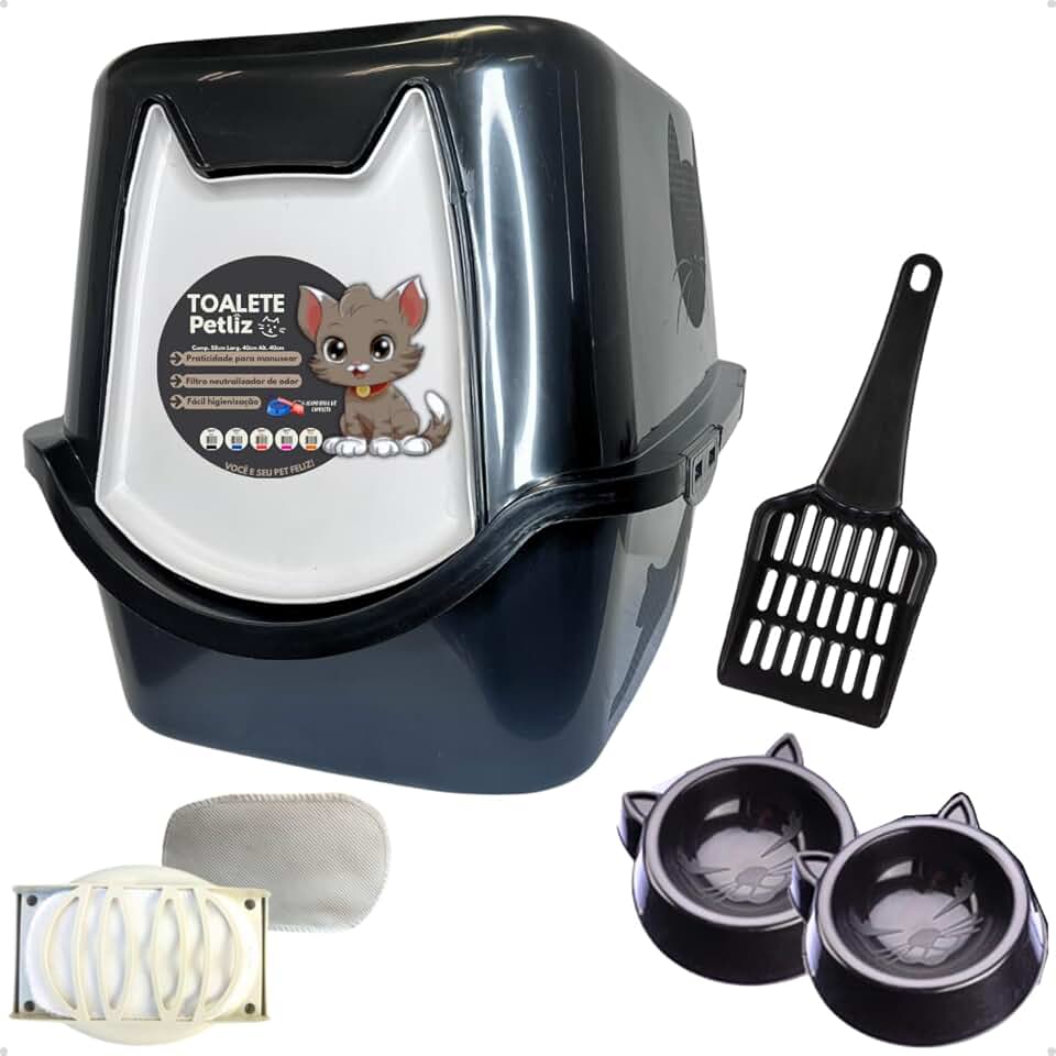 Caixa de areia para Gatos Toalete Black Petliz Banheiro Bandeja Sanitário Higiênico Facil Limpeza com Comedouros e Pá