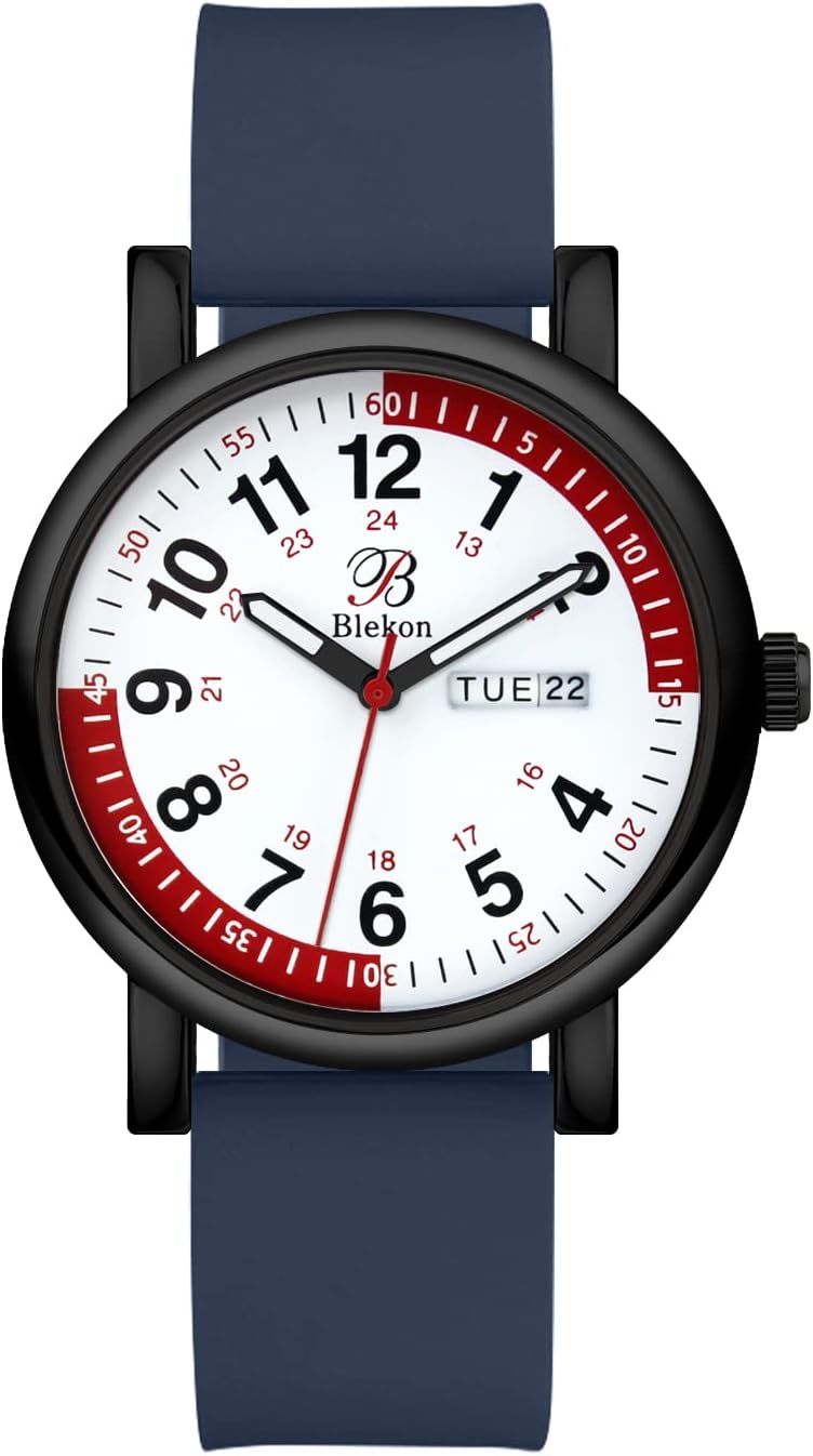 Blekon Pulsometer Nurse Watch with Secondhand – Scrub Matching Band Colors for Medical Professionals – Super EasAy to Read Dial w/Day and Date Indicator, Waterproof Watch