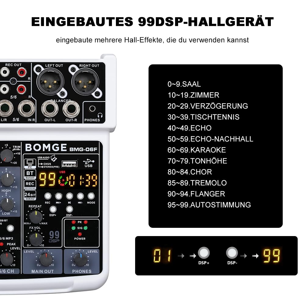 BOMGE 6-kanałowy mini mikser dźwięku DJ z interfejsem USB, Bluetooth, nagrywanie stereo, zasilanie fantomowe 48 V, 24 efekty DSP do karaoke, śpiewania, transmisji na żywo, transmisji strumieniowej,