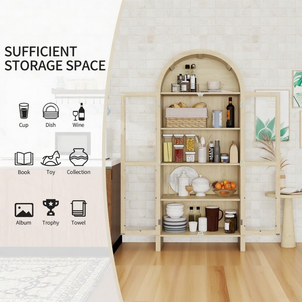 71" Tall Arched Curio Storage Cabinet,Arched Bookcase with Glass Doors and Adjustable Shelves,Pantry Cabinet Cupboard for Bathroom,Living Room,Dining Room,Kitchen,Study