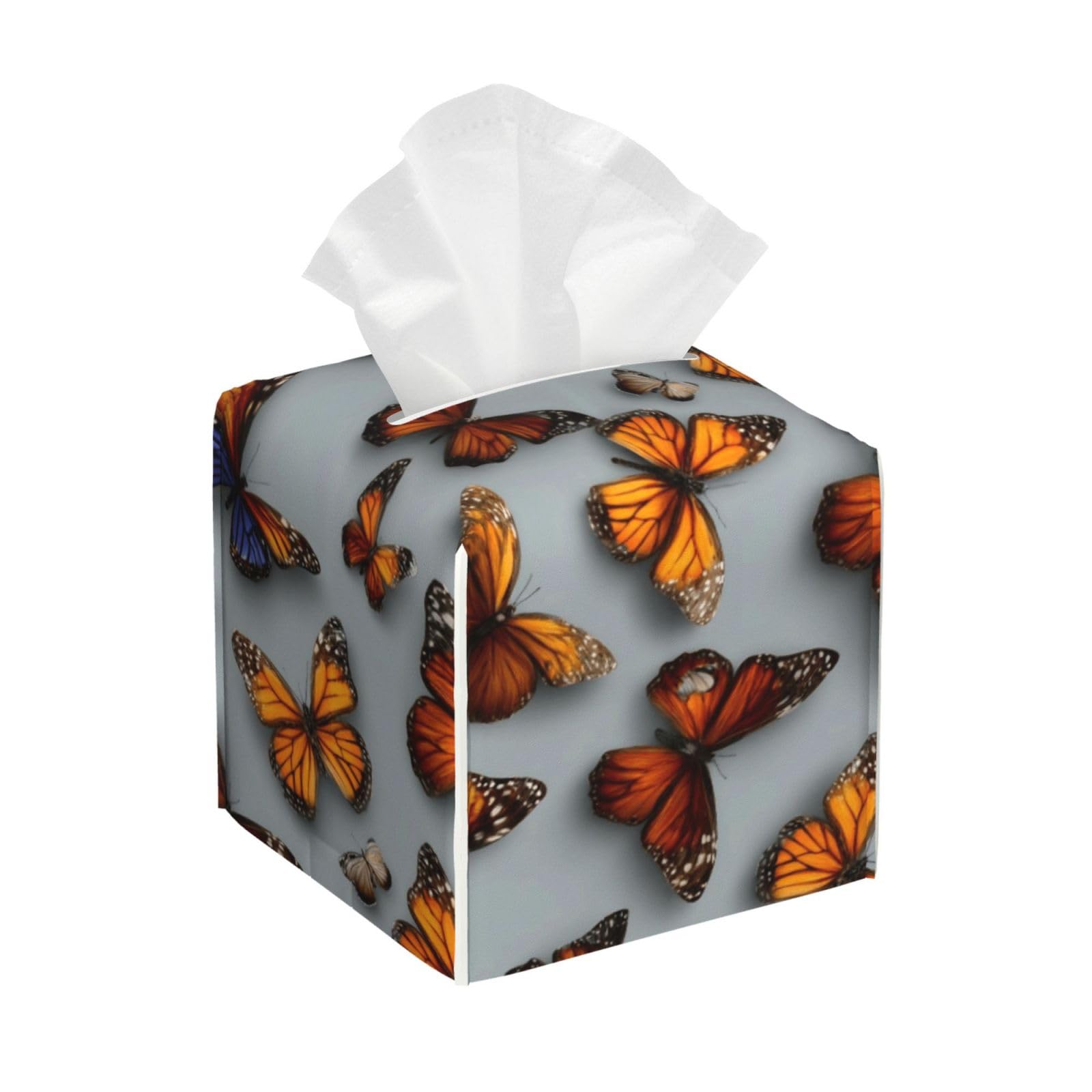 Orange Black Butterfly Print Tissue Box Cover Holder Square, Foldable Modern Cube Tissue Box Cover, Leather Decorative Organizer for Tabletop Bathroom Car Office Desk Decor