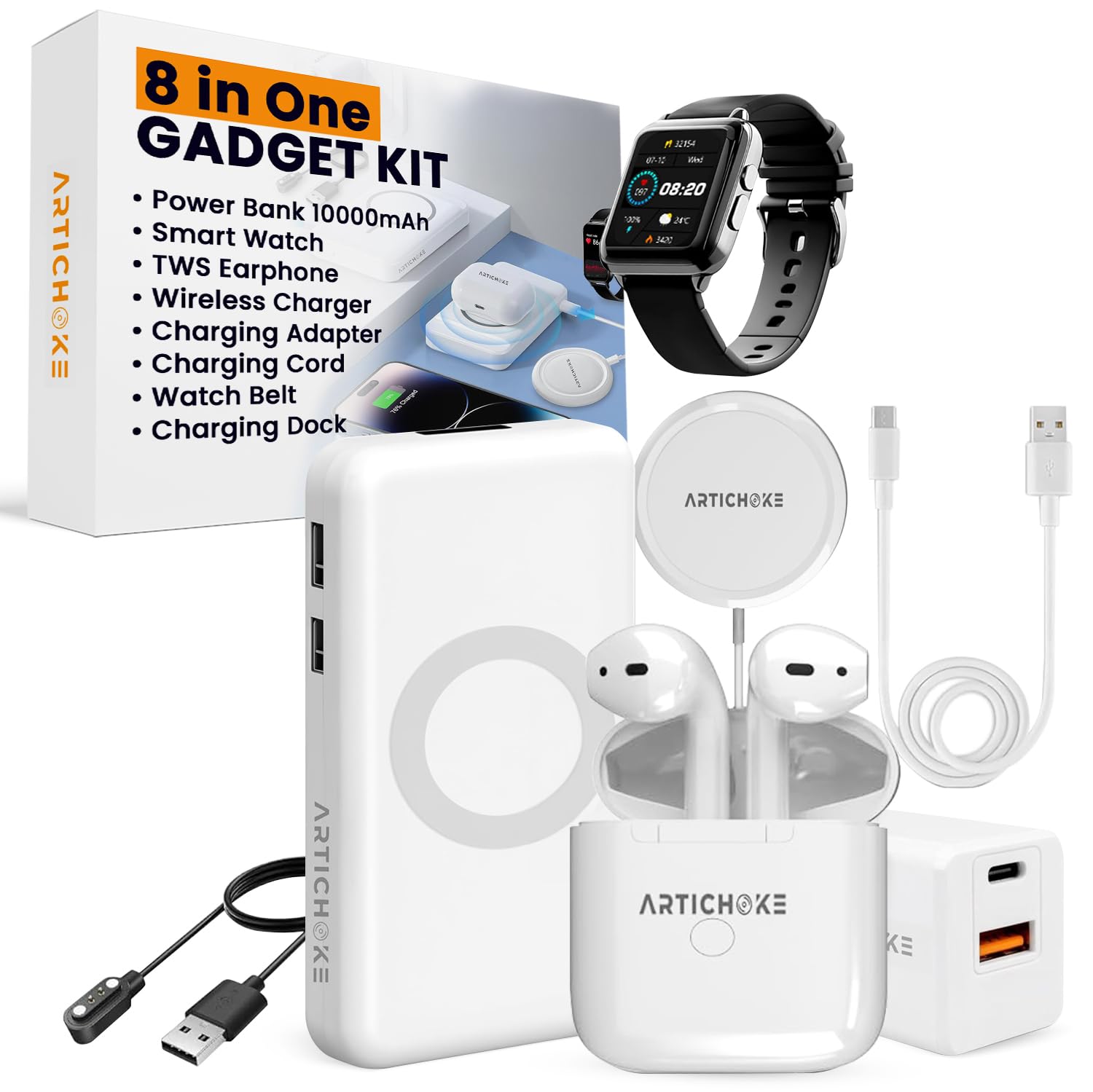 Artichoke 6 in 1 Accessories Gift Set Power Bank 5000 Smart Watch TWS Earphones Accessories Birthday Gifts Boyfriend Tech Gadgets Regalos para Hombre