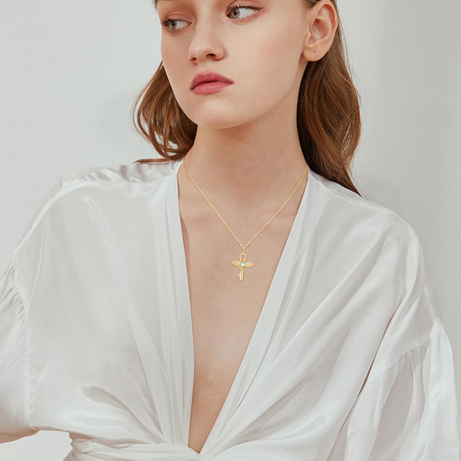 Collier Ankh en argent sterling 925 avec pendentif croix serpent Ankh avec pierre de lune - Bijoux égyptiens - Cadeau pour femme
