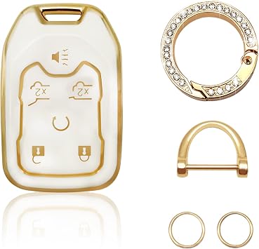 Soft TPU Key Fob Cover Case Shell Protector Key Cover Compatible with Chevy Chevrolet Suburban Tahoe GMC Terrain Yukon Yukon XL Car Key with Bling Keychain for Accessories White