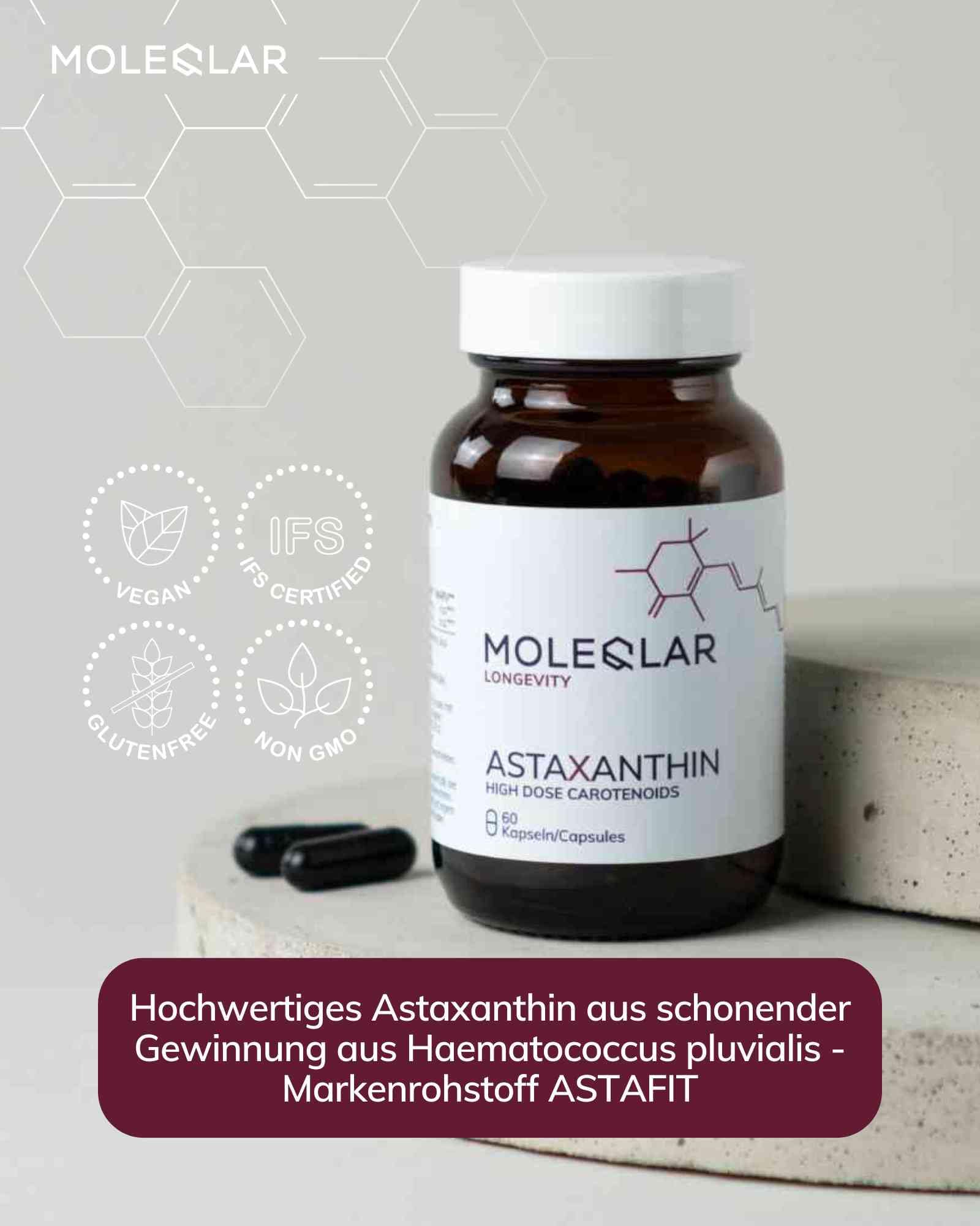 MoleQlar Astaxanthin Kapseln 60 Stück - 8 mg Astaxanthin aus Oleoresin - Markenrohstoff ASTAFIT - Nachhaltig Gewonnen aus Haematococcus Pluvialis - Nahrungsergänzungsmittel