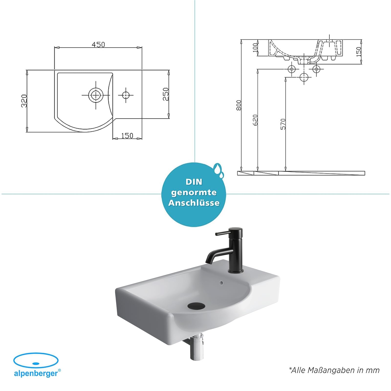Alpenberger Lavabo de mano Lavabo de cerámica con rebosadero Lavabo colgante resistente a la suciedad para baño y aseo de invitados