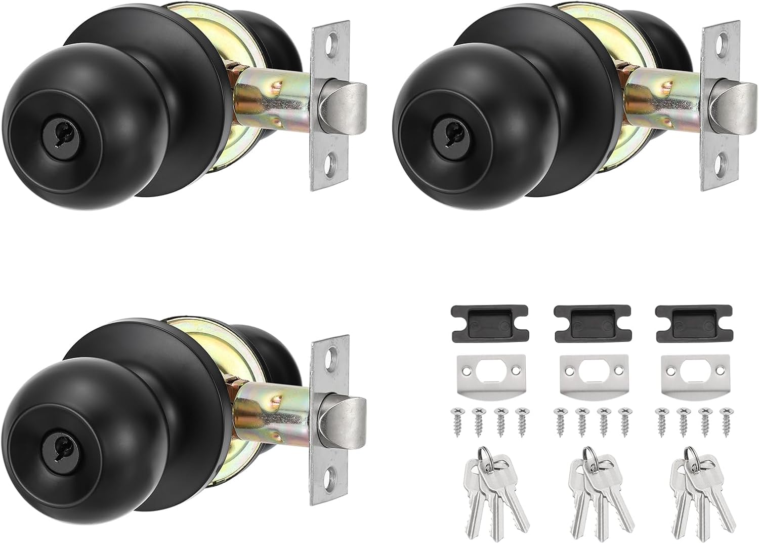 PATIKIL Key Entry Door Knobs Interior, 3 Pack Round Stainless Steel Bedroom Bathroom Door Knob with Lock Entry Indoor Outdoor Door, Black