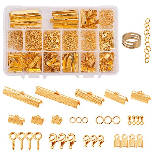 PandaHall Elite About 687 Pcs Jewelry Findings Kits with Ribbon Clamp End, Jump Ring, Cord End, Lobster Claw Clasps, Screw Eye Pins, Extender Chain, Drop Ends for Jewelry Making Golden