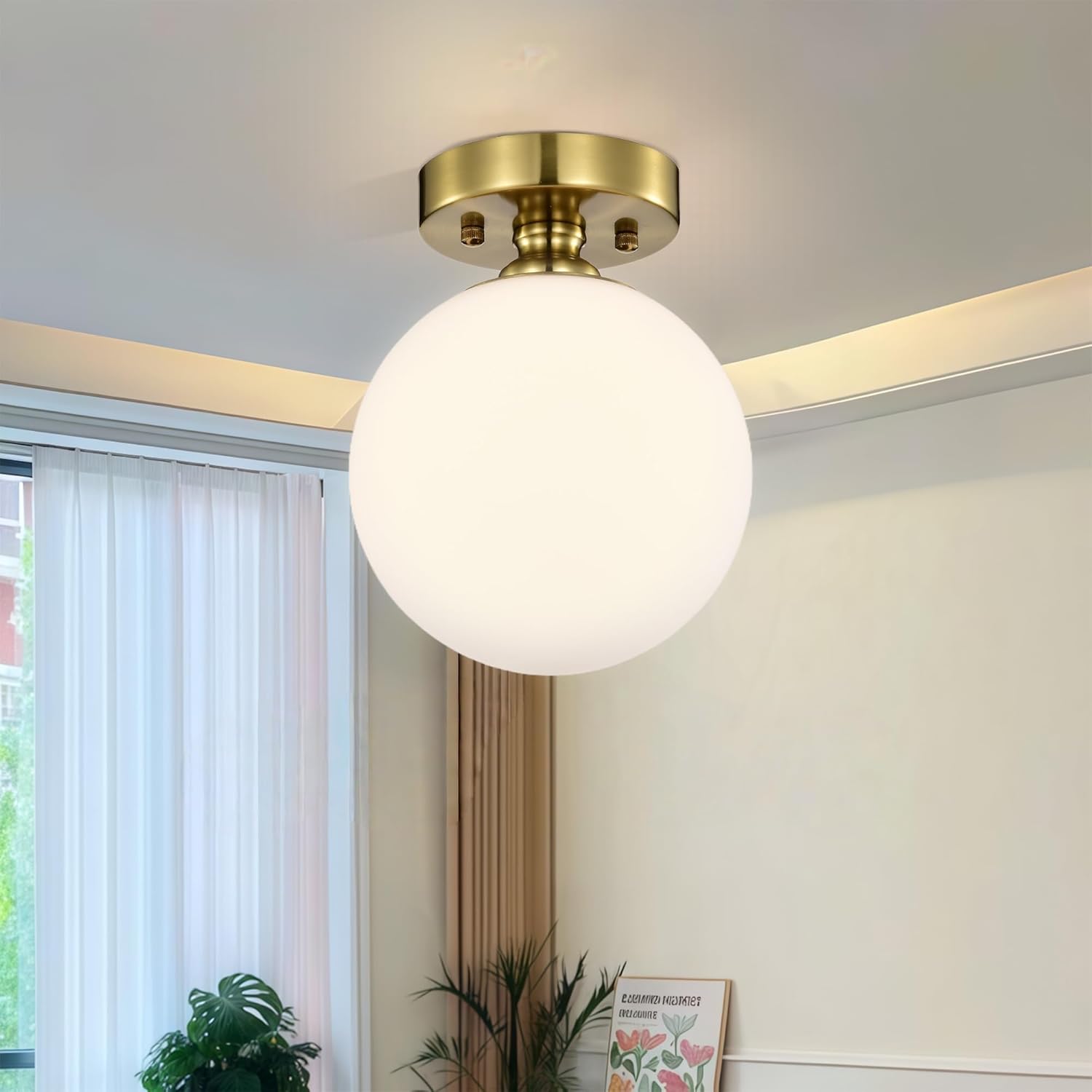 Alighting Gold Semi Flush Mount Ceiling Light – 7" Opal Glass Globe, Mid-Century Modern Ceiling Light Fixture for Bedroom, Bathroom, Closet, Hallway, Entryway – Easy to Install