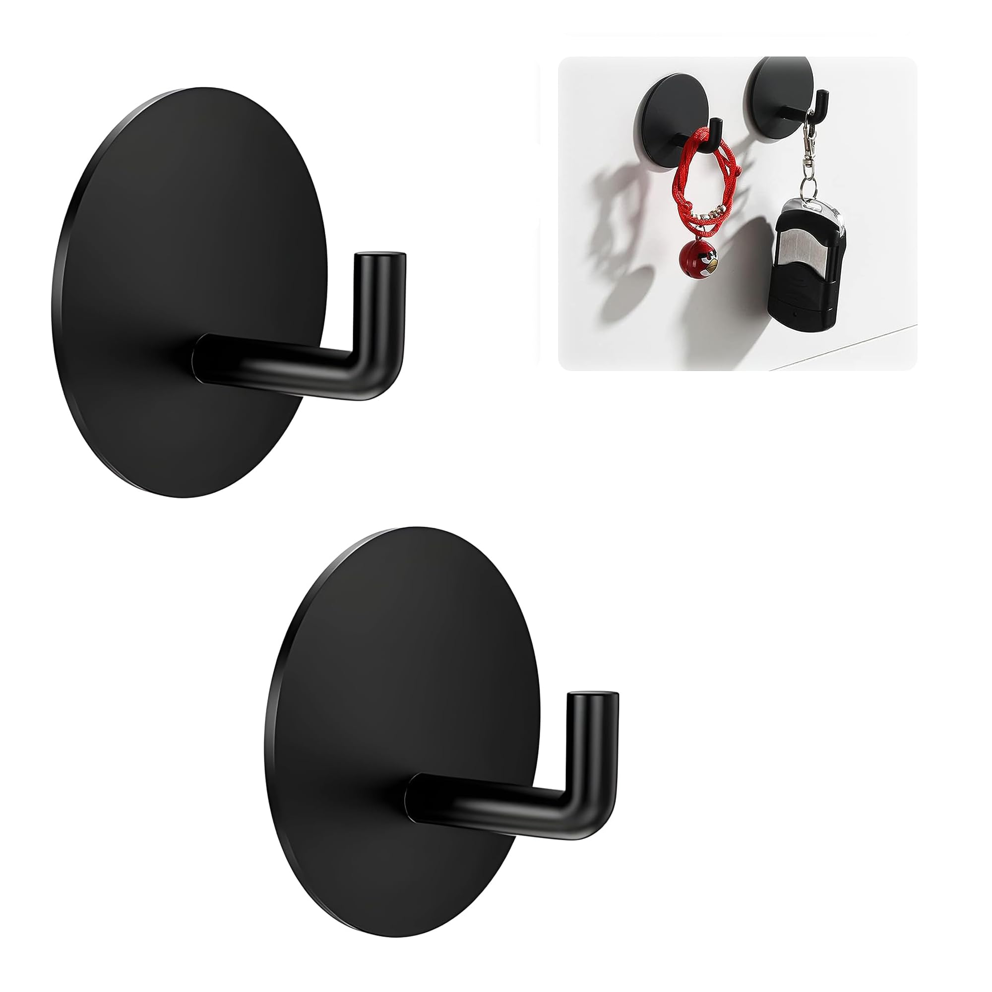 JIALTO 2 pcs Self-Adhesive Stainless Steel Hooks: Heavy-Duty Wall Hangings, Waterproof & Drill-Free - Strong Towel, Coat, and Kitchen Hooks for Bathroom and Kitchen (J Round Black)