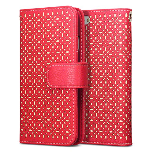 iPhone 6S Case, Terrapin [Red] [Etched Floral Pattern] Textured PU Leather Wallet Case with Card Slots ID Window Cash Compartment and Detachable Wrist Strap Case for iPhone 6 / 6S - Red