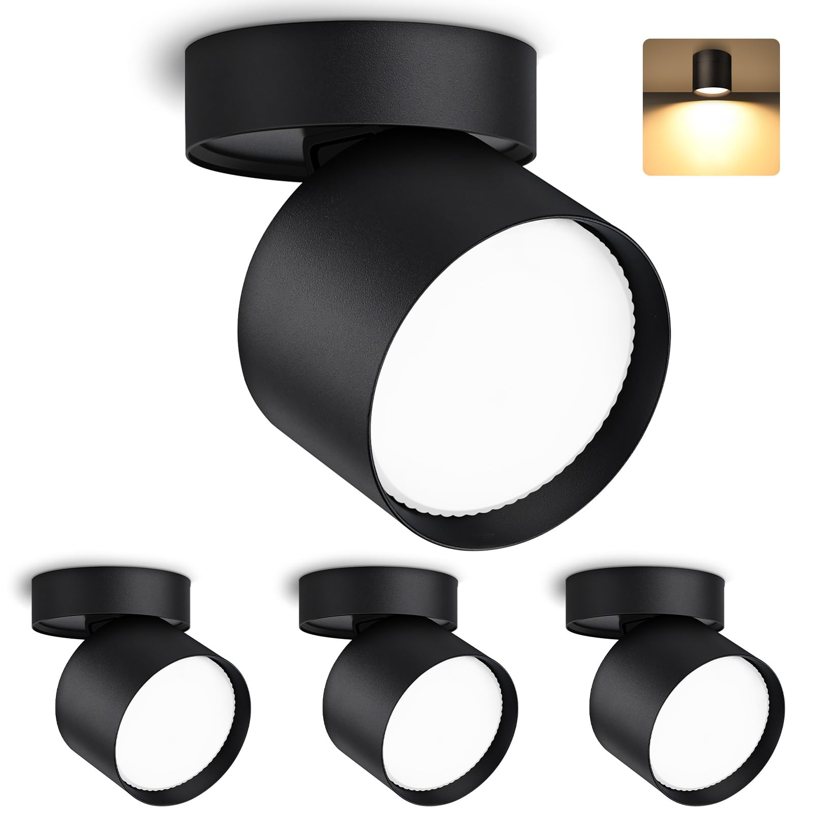 KYOTECH 4er Set Schwenkbar LED Aufbauspot 230V Ø82×80mm Deckenspots Schwarz Aufbaustrahler Flach inkl. 6W 550LM GX53 LED Leuchtmittel Warmweiß 3000K Aufputz Spots Rund Deckenleuchte