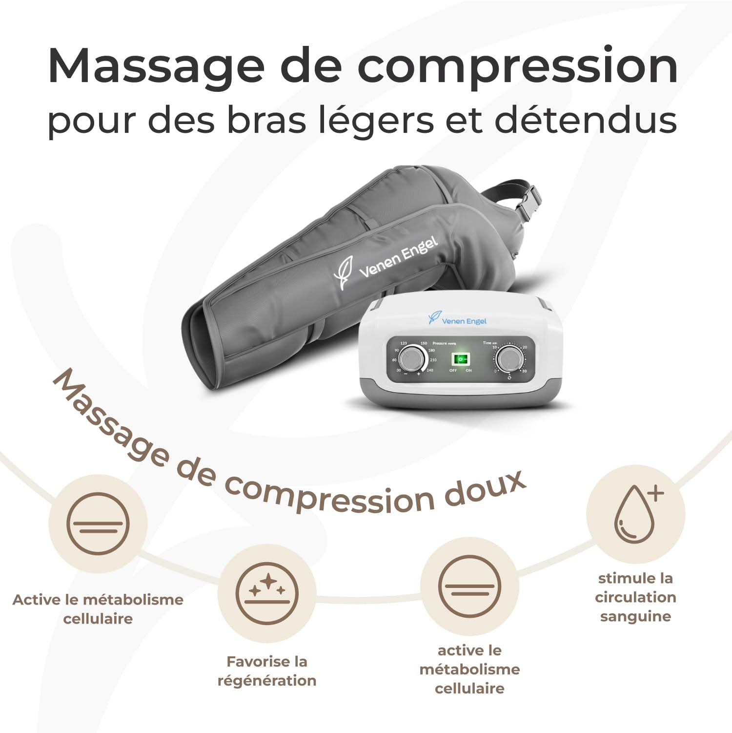 Venen Engel 4 basiques avec flux lymphatique pour le bras droit | 4 chambres à air | 1 programme de massage | Le massage par ondes de pression favorise la circulation sanguine