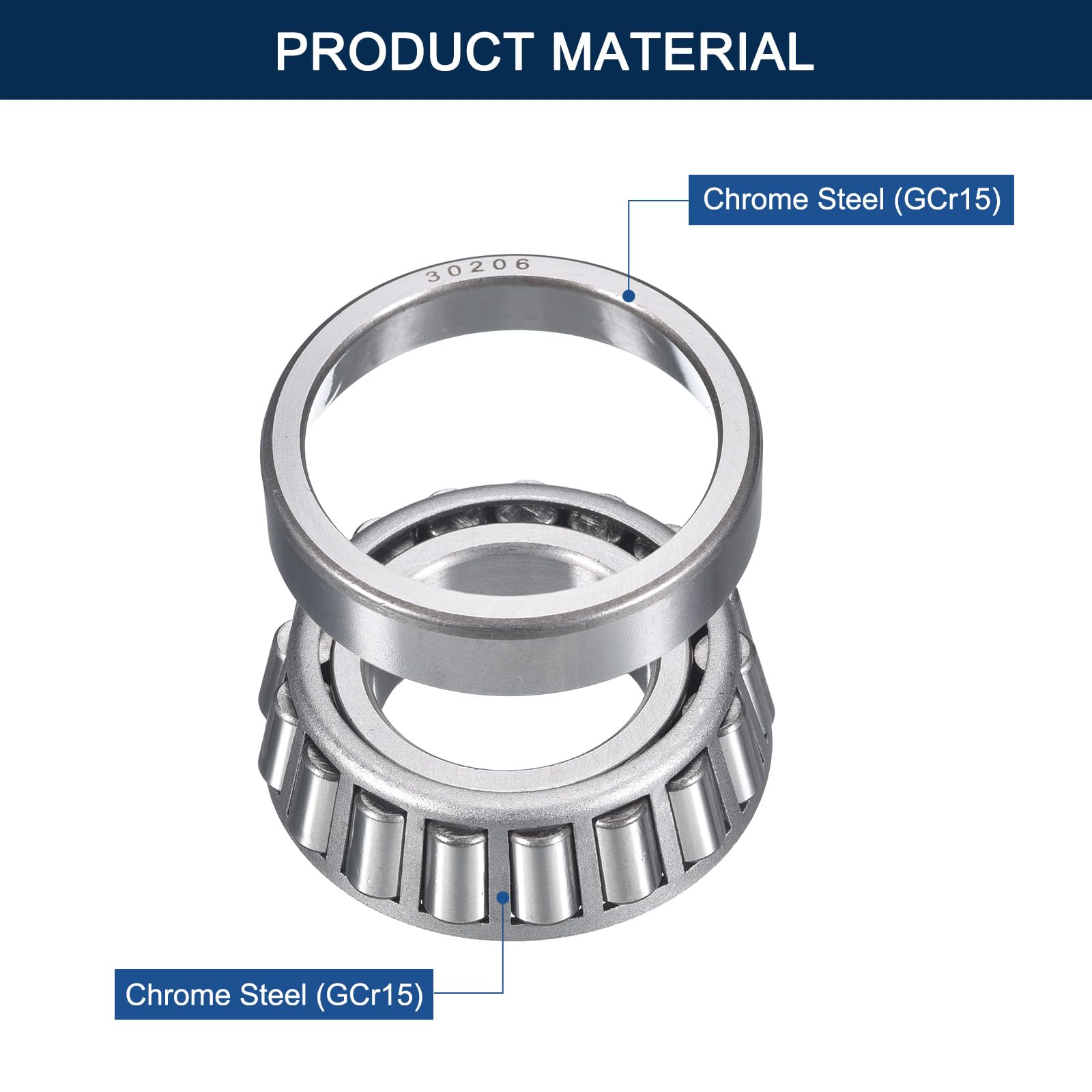 HIPicco Lot de 2 roulements à rouleaux coniques 30206 avec cône et coupelle, alésage de 30 mm, diamètre extérieur 62 mm, largeur de coupe de 17,5 mm, roulements de roue en acier chromé, ABEC-3