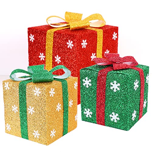 JAVOUKA 4 unidades de Navidad LED iluminado cajas decoraciones árbol de Navidad ornamento rojo verde amarillo copo de nieve cajas con arcos para decoración de fiesta en el hogar Cover