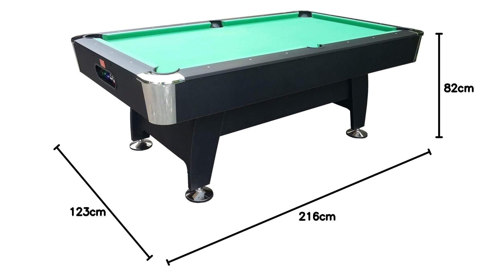 NG Biliardi - Tavolo da Biliardo Black Norman Light (216 cm), Pre-Montato, con Sistema di Ritorno Biglie e Regolatori di Livello, Panno Professionale Verde, Regolamentare