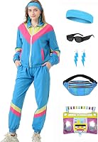 Coseaon Women's 80s Retro Tracksuit Set: 90s Color Block Windbreaker Jacket, Sweatpants & Accessories for Parties, Workouts