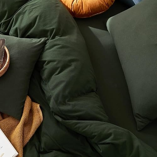 Miniatura 9 de AMWAN Juego de funda de edredón, tamaño matrimonial, algodón de punto jersey, verde oliva, 3 piezas, cierre de cremallera, 500 hilos, resistente a