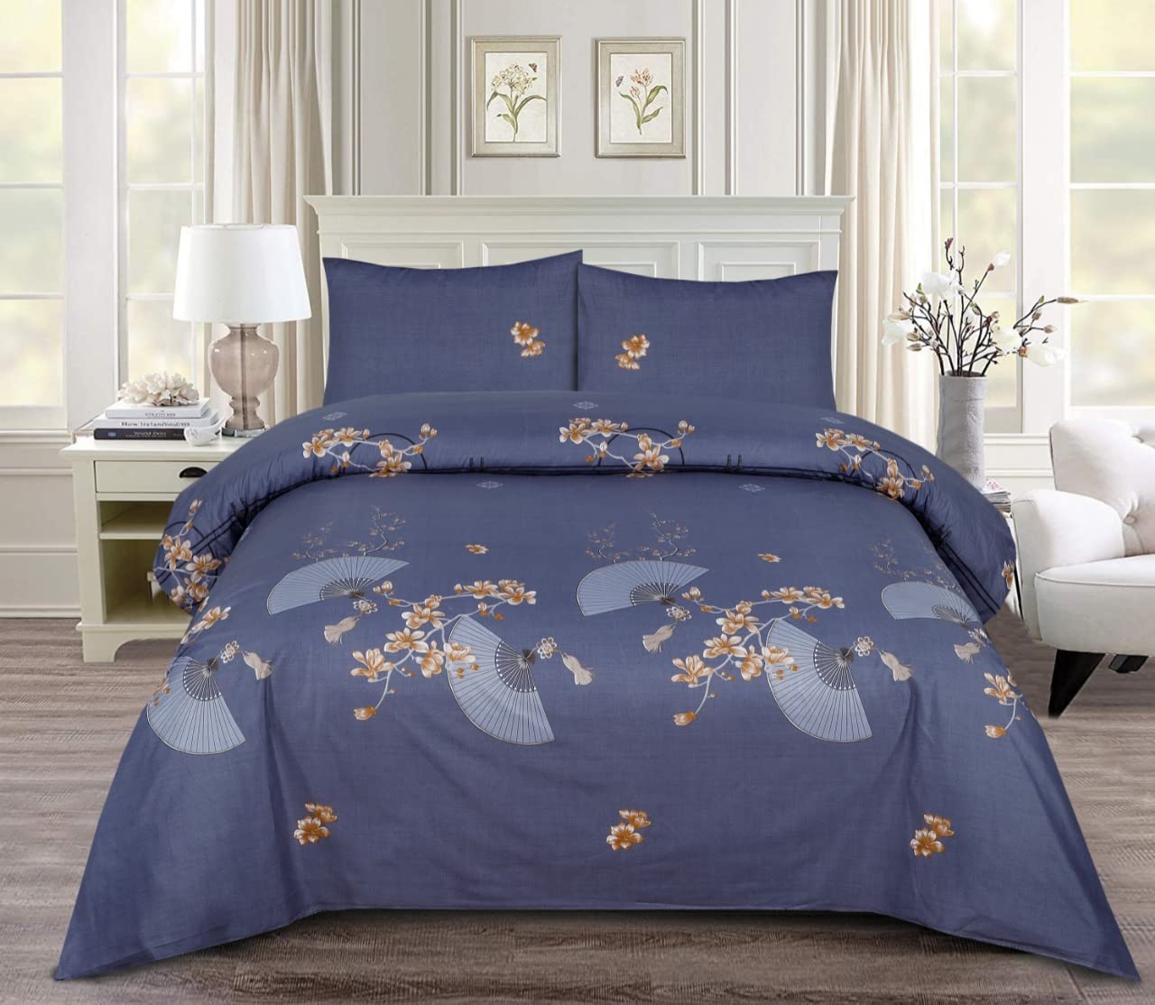 Quest-Mart Floral Duvet Cover with Matching Pillow Case Bedding Set, Microfiber Quilt Cover in Single/Double/King Size(King, Uchiwa)