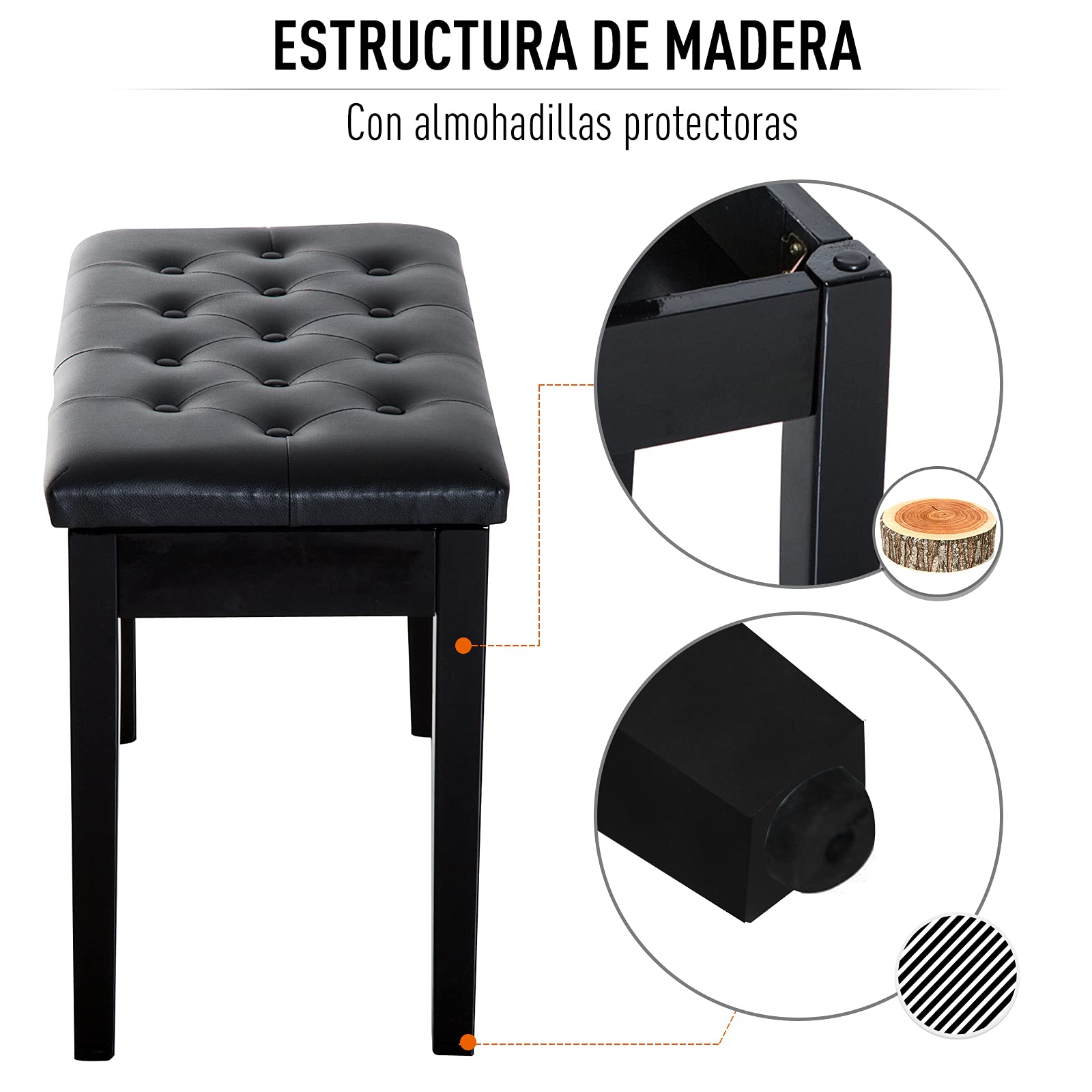 HOMCOM Banco de Piano con Almacenamiento, Banqueta de Piano con Asiento de Cuero Sintético, Patas de Madera, Carga Máxima 200 kg, 76x36x50 cm, Negro