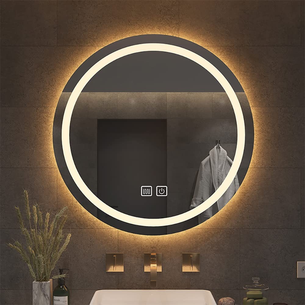WWFF Round Bathroom Mirror with Lights Dimming Anti-fog LED Vanity Mirror Frameless Wall Mirror Smart Touch Button Vanity Home Decor (Color : Type B Warm, Size : 60cm)