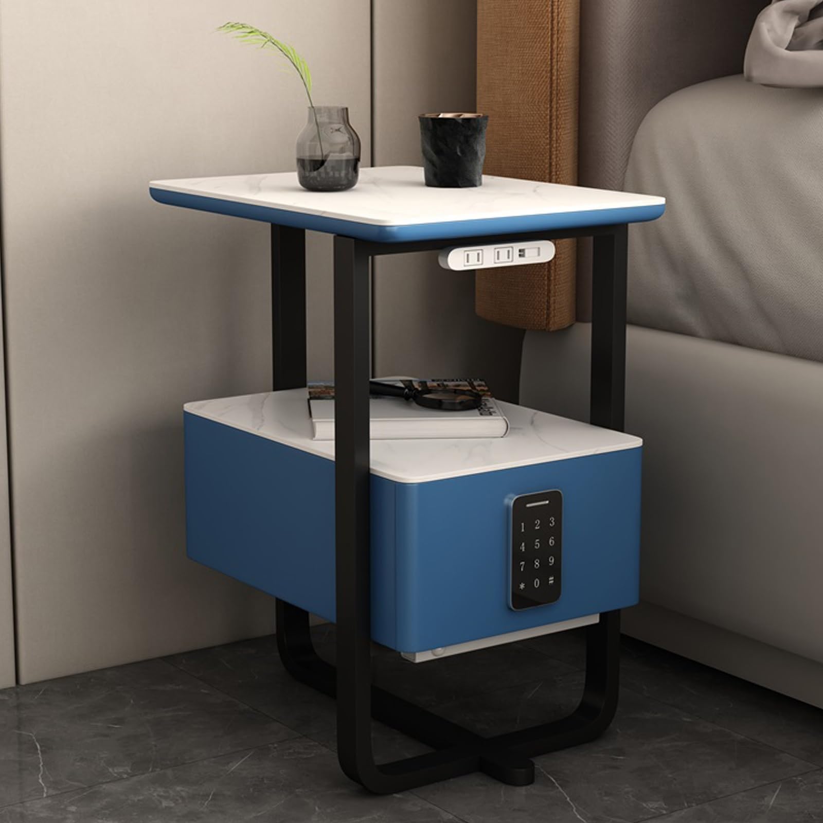 Inteligentna Stacja Ładująca Do Szafki Nocnej Z Zamkiem Szyfrowym – Stolik Nocny Z Wysokim Połyskiem, Z Portem Usb I Szufladami, Niebieski – 40 X 30 X 51 Cm