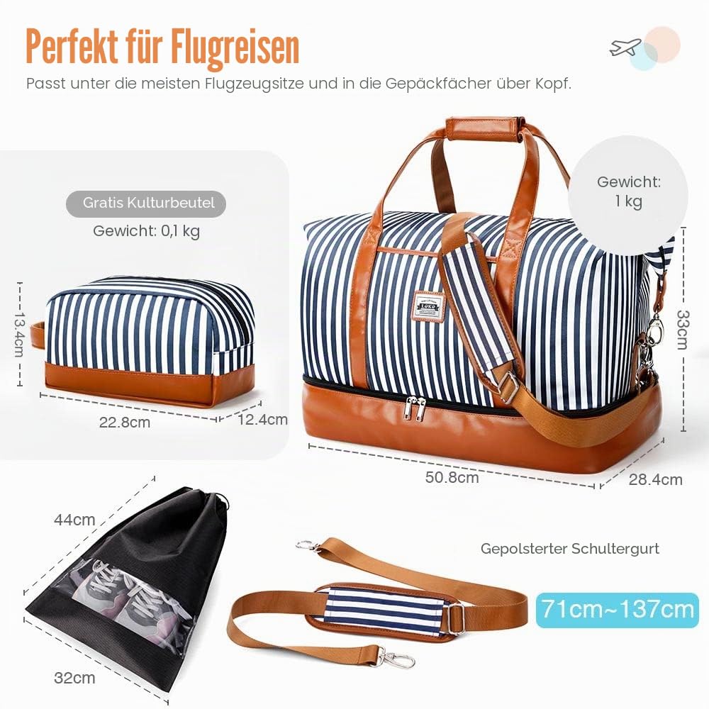 Lekesky Reisetasche für Damen – mit separaten Schuhfächern für Wochenende, Übernachtung, Fitnessstudio, Sport oder Krankenhaus, A-blau gestreift, 50 l, Reisetasche