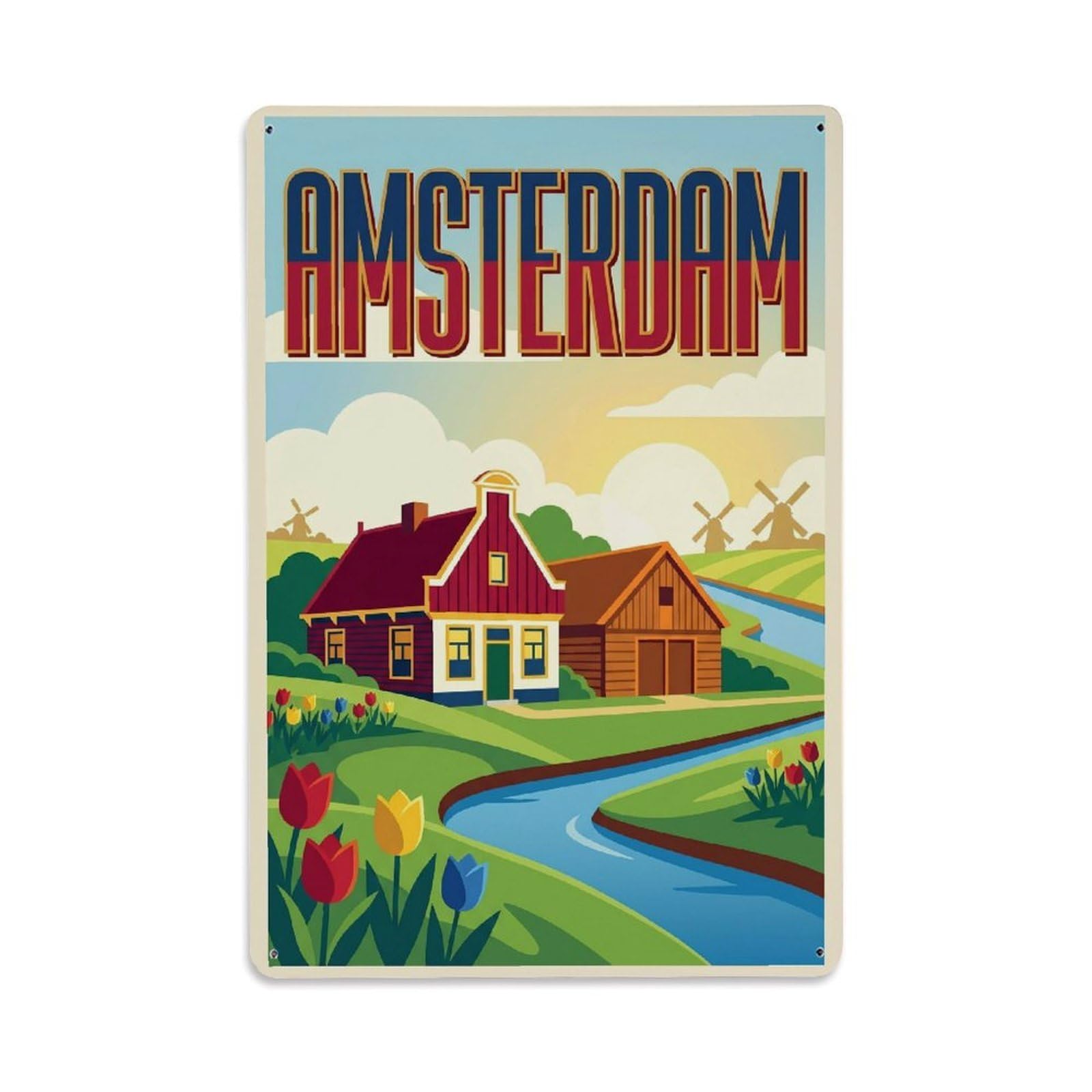 Okngb Style Farmhouse Polder Amsterdam Classic Rural Tourism Garden Metal Tin Sign Plaque Wall Decor For Cafe, Man Cave, Club Bar, Office, Home Garden Round Metal Poster 8X12inch
