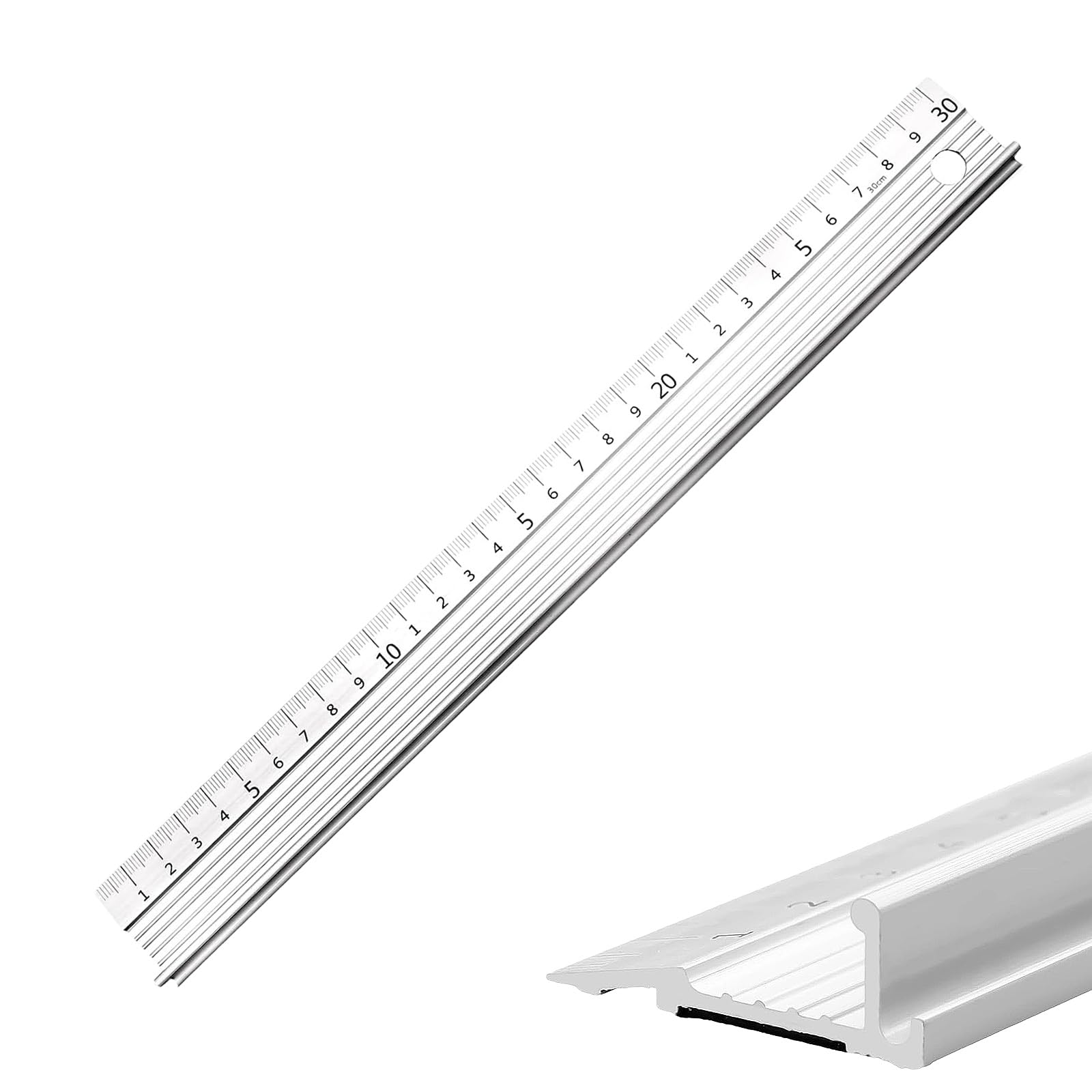 PureSphere 30cm White Aluminium Cutting Ruler with Raised Grip, Non-Slip Safety Edge Precision Measuring Tool for Craft, DIY, Office & Technical Drawing