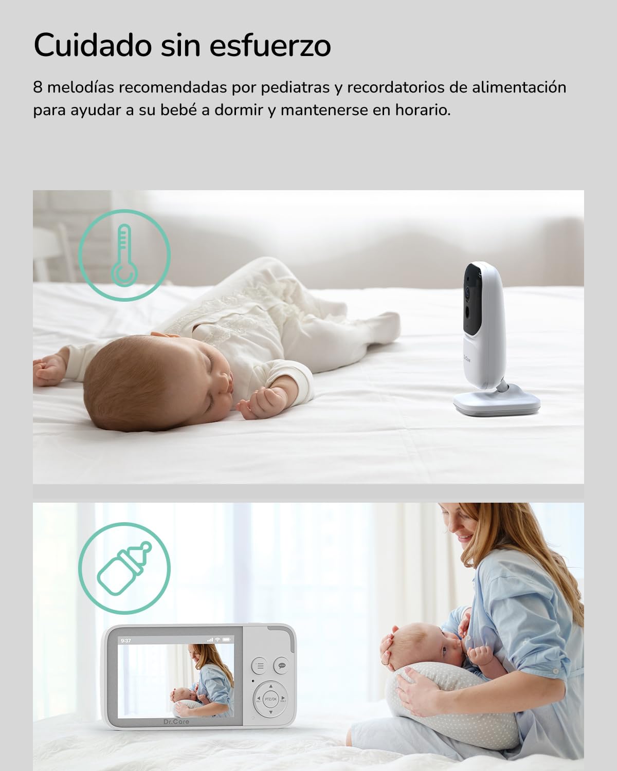 Dr.Care NeoView - Cámara de vídeo con 2 cámaras - Pantalla de 3,5", Audio bidireccional, grabación en Bucle, visión Nocturna, VOX, Sensor de Temperatura, cunas, sin Wi-Fi, 128 GB