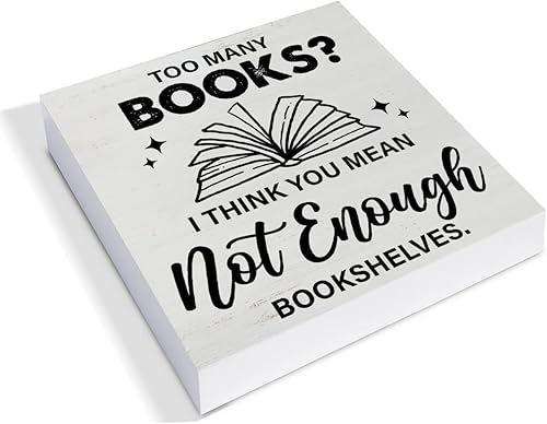 Miniatura 2 de Cartel de madera para estantería, letrero de escritorio, demasiados libros, no es suficiente, caja de madera, letrero de bloque rústico para