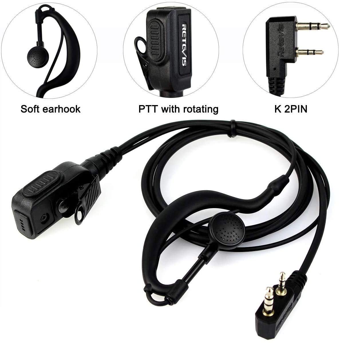 Retevis Walkie Talkie Auriculari, 2 pin G-Tipo Curvetta Auricolare Compatibile RT619 RT24 RT27 Baofeng BF-888S UV-5RV Kenwood Walkie Talkie (2 Pezzi)
