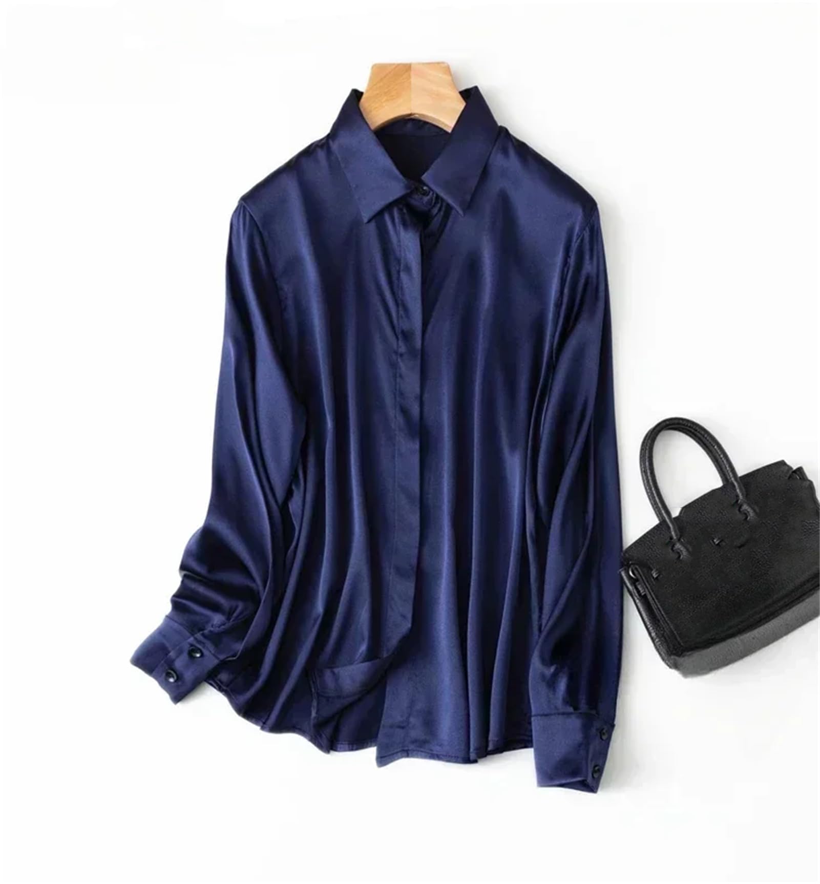 Vogrtcc Blusa de manga larga con botones de seda satinada para mujer, blusa de oficina y trabajo