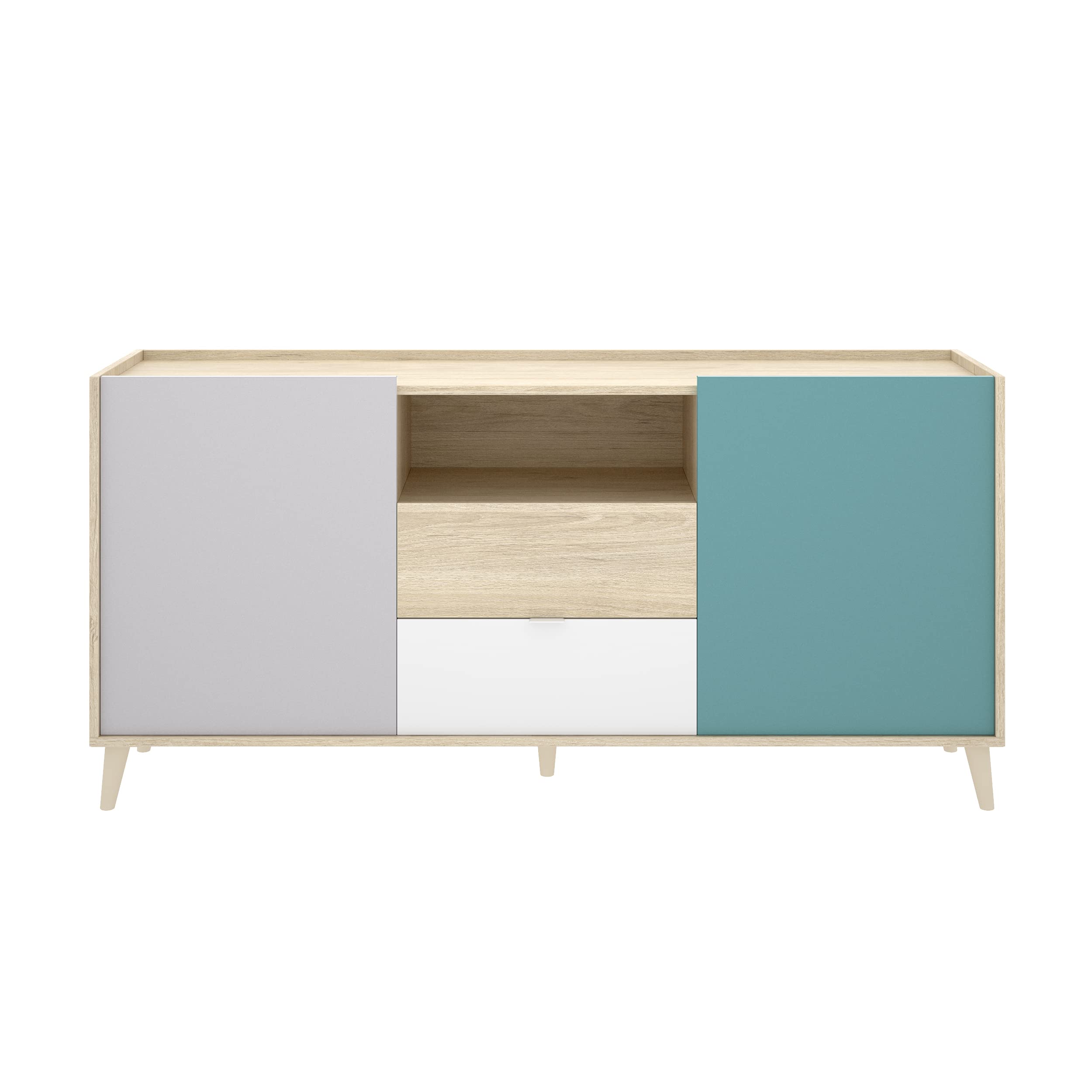 DEKIT GRUPO RIMOBEL NOVA - APARADOR DE 2 PUERTAS Y 2 CAJONES CON ALMACENAJE -75X155X43 cm - BLANCO / NATURAL / GRIS / ESMERALDA
