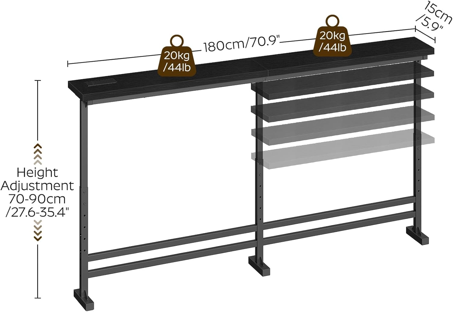 70.9" Console Table with Adjustable Height (27.6"-35.4") and Power Outlet, 70.9" Behind Couch Table with LED Lights, CT08UBB-CT26UDBB