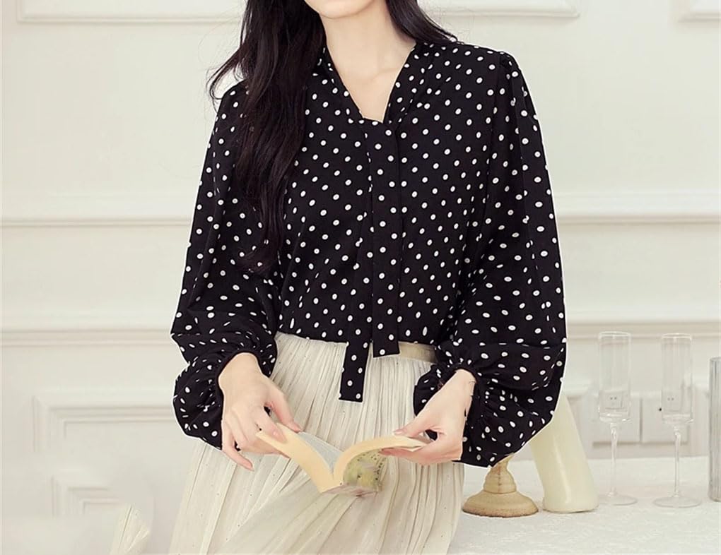 Blusa de manga larga con cuello en V para mujer, con cordones, de gasa, a lunares, sin botones, camisas