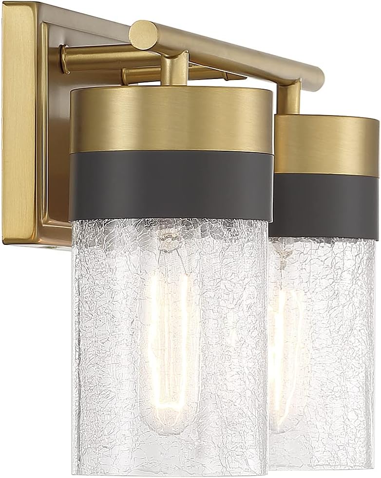 Savoy House 8-3600-2-322 Brickell Vintage Crackled Glass Bathroom Vanity Wall Light, 2-Light 120 Total Watts, 9" H x 14" W, Warm Brass