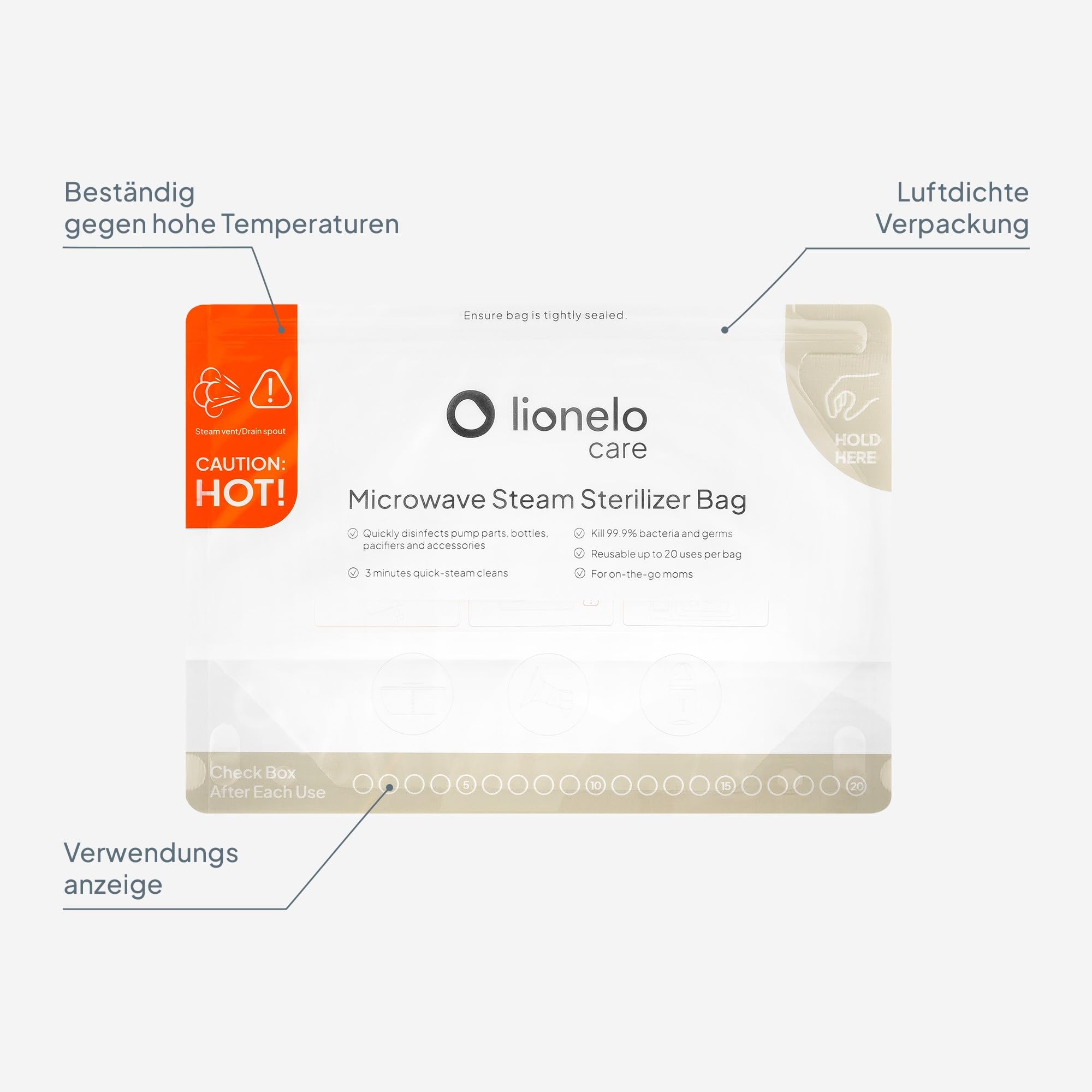 LIONELO ThermBag 8er-Pack Mikrowellen-Sterilisationsbeutel – Wiederverwendbar, BPA-frei – Für Babyflaschen, Schnuller, Milchpumpen – 90 Sek. Schnellsterilisation, Ideal auf Reisen
