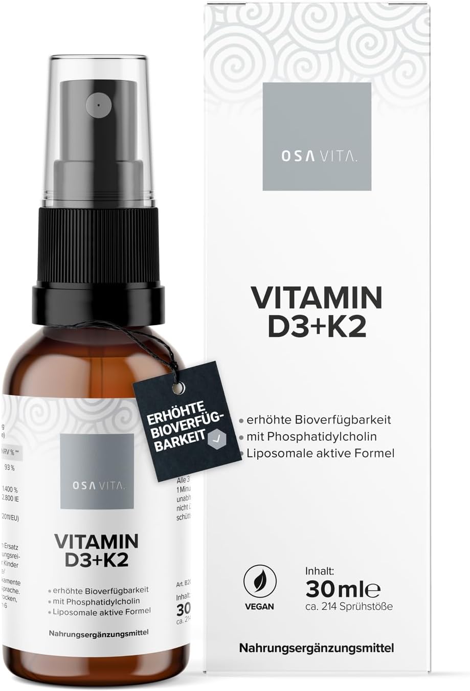 Vitamine D3 + K2 Spray – K2 MK7 All-Trans + hoog biologisch beschikbare vitamine D3 – veganistisch, hoge dosis en zonder toevoegingen in Duitsland gemaakt, eenvoudig in gebruik