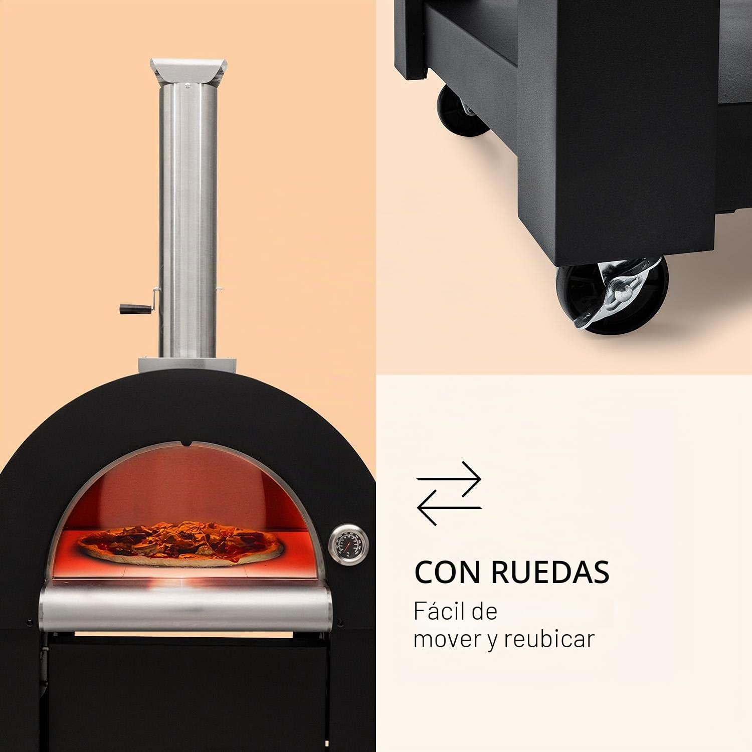 Klarstein Diavolo Napoletana horno para pizza - horno de leña o carbón, termómetro integrado, temperatura hasta los 500 °C, acero inoxidable, negro