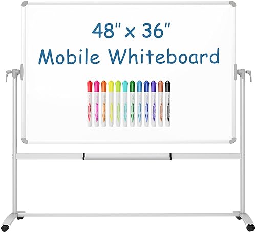 VIZ-PRO Pizarra magnética móvil de doble cara, 48 x 36 pulgadas, con 12 bolígrafos de pizarra blanca de colores
