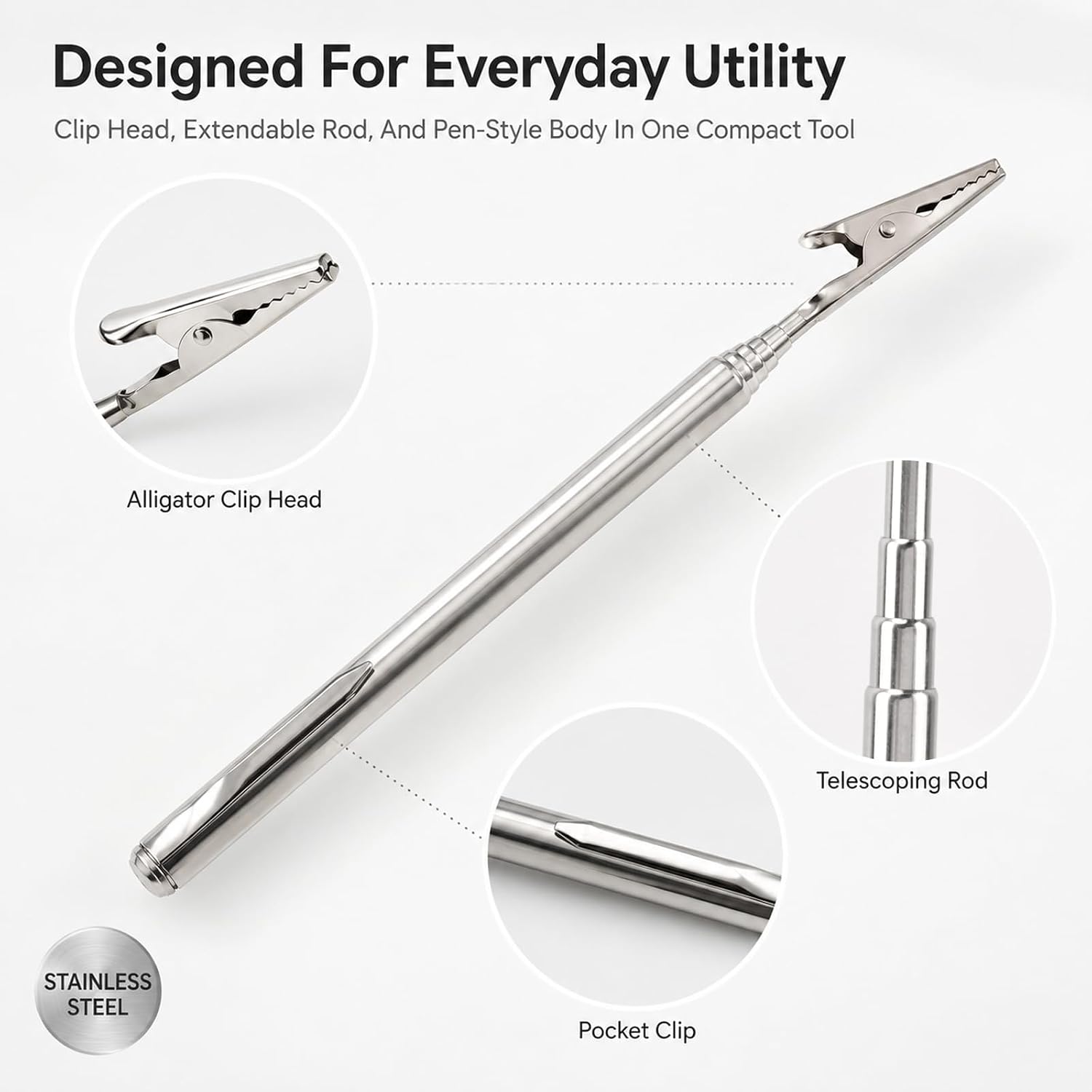 4 Pcs Telescoping Alligator Clip Bracelet Helper Tool, Extendable Telescopic Metal Wire Clamp with Pen Clip for Jewelry Fastening, Mechanics, Home, Automobile Repair and Fixing