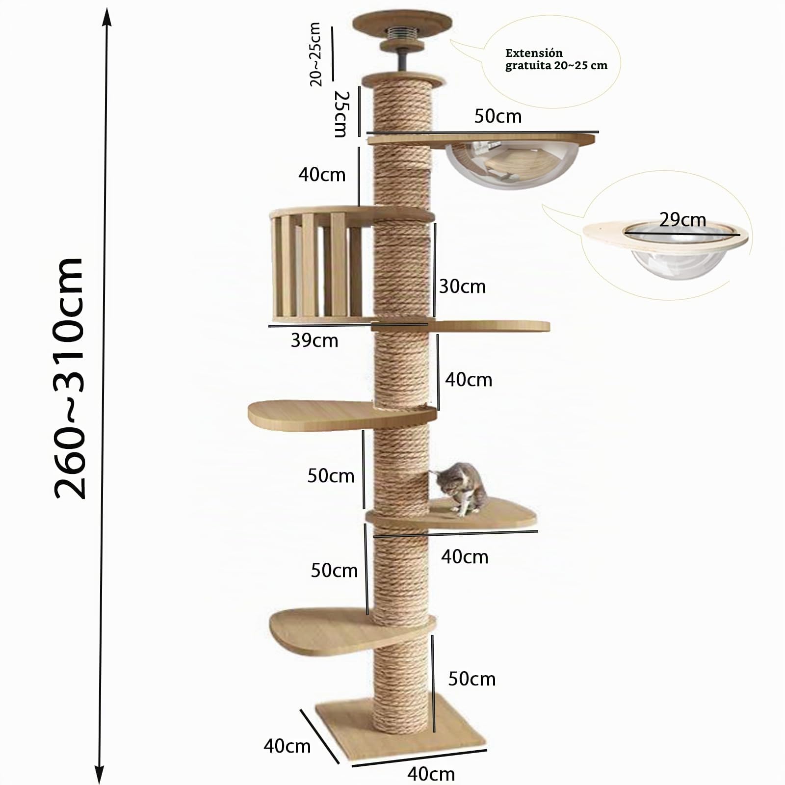 Árbol para gatos de suelo a techo, altura ajustable, 240-250 cm, con poste rascador de 11 cm de diámetro, hamaca para gatos, resistente y duradero