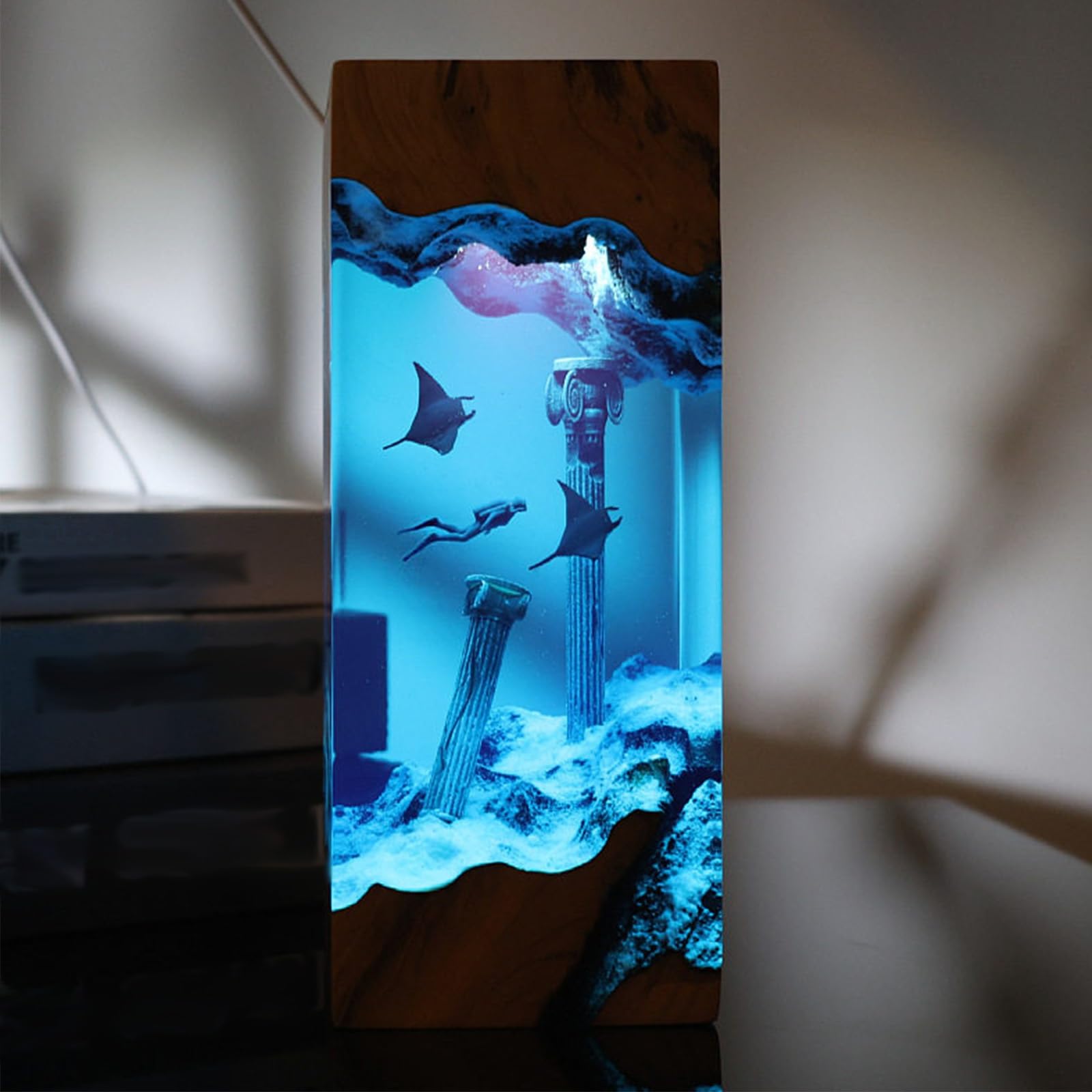 Lámpara de resina epoxi, luz LED con base de madera, diseño océano 3D