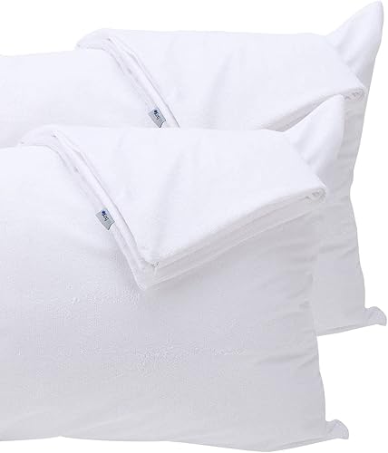 Kingnex Paquete de 4 protectores de almohada a prueba de plumas tamaño Queen con cremallera, impermeables, a prueba de plumón, superficie de rizo de