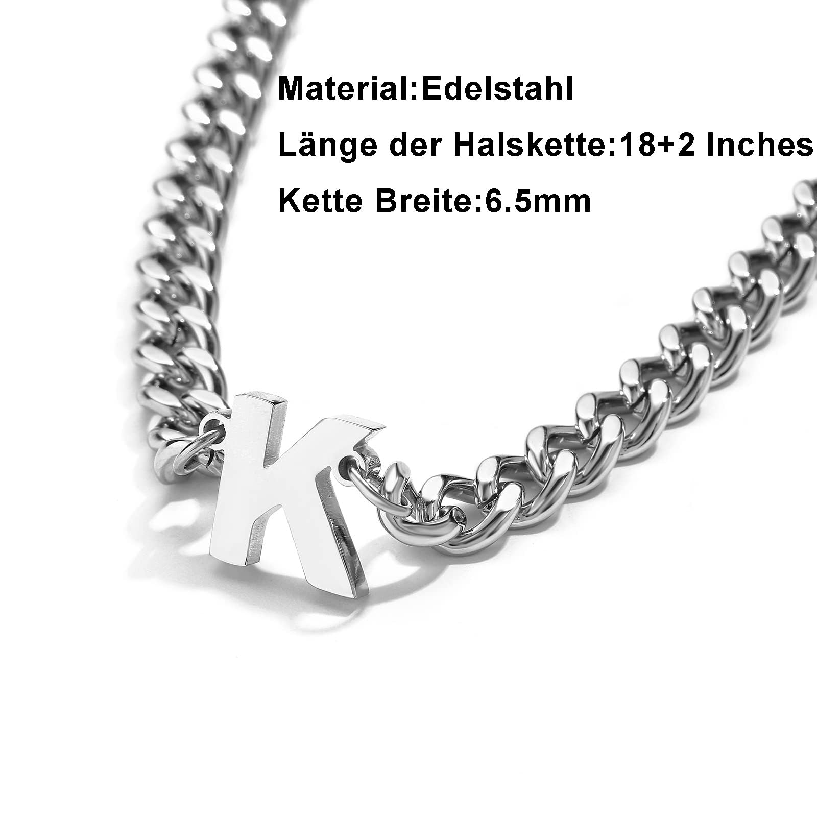 Esmoly Collana Uomo Argento Oro Nero Collana con Lettere A-Z 18+2 Inches 316L Acciaio Inossidabile 6.5mm Cuban Chain Regalo Uomo Ragazzo