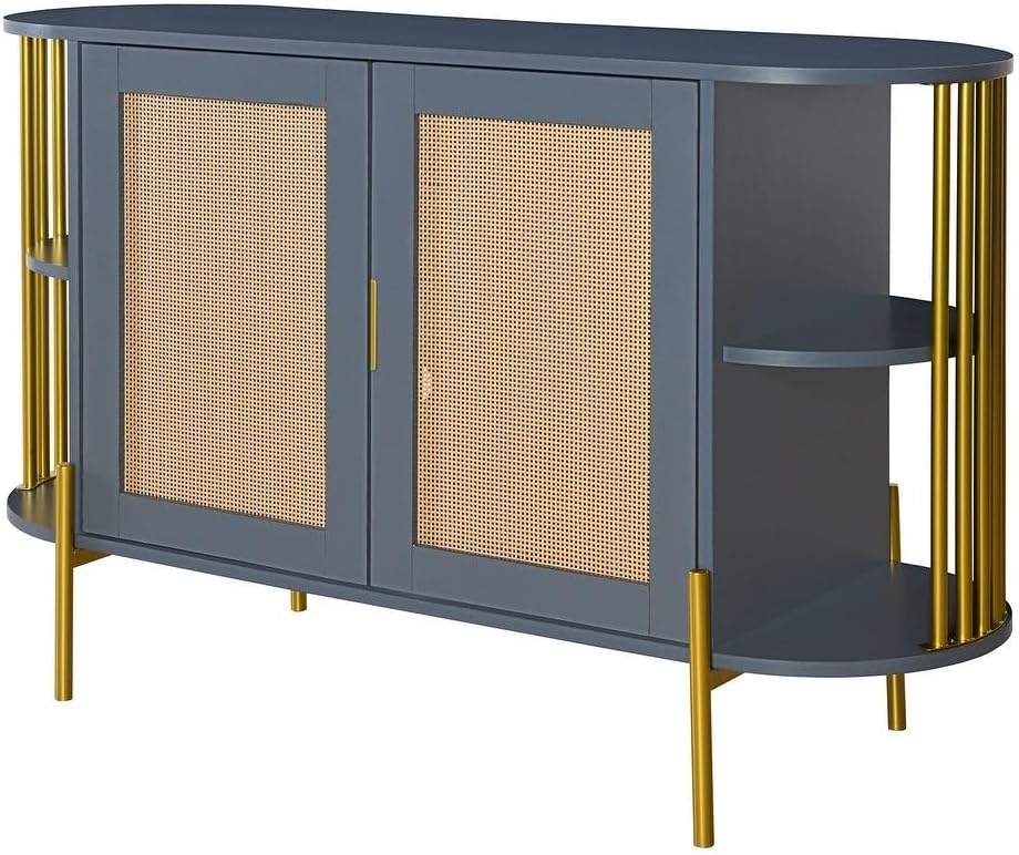 Modern Sideboard Buffet Cabinet with Rattan Doors, 47” Storage Cabinet,Console Table for Coffee Bar, Wine Bar Dining Room, Living Room, and Hallway (Gray)