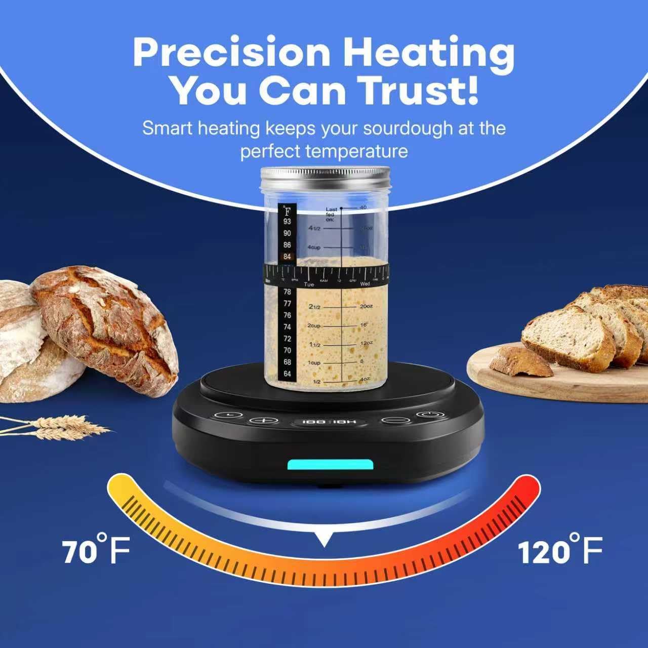 Sourdough Starter Warmer Mat - 24H Timer - Precise 1°F Thermostat Control (70-120°F) - Smart Memory Warming On/Off - Fits Jars Up to 40oz - Perfect for Home Baking(Black)