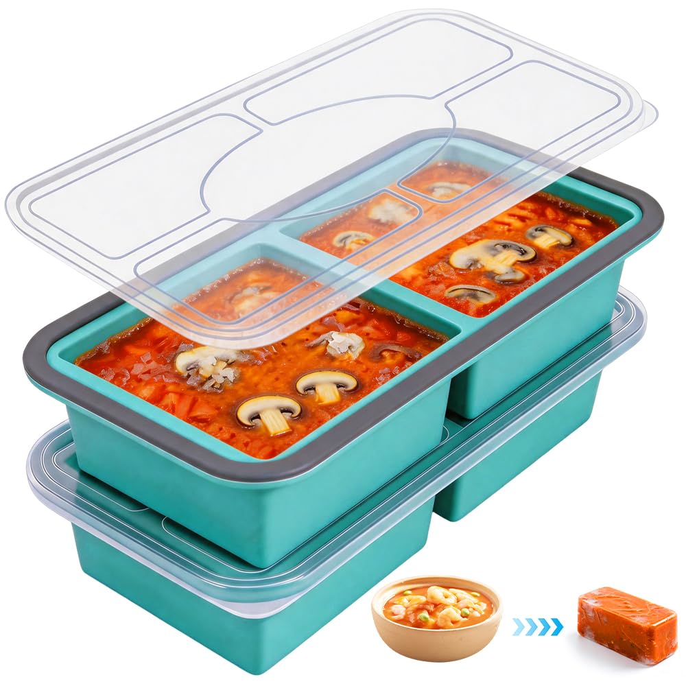 Zmcvoe 2 Grids, Blue 2 Pack Soup Freezer Containers, Silicone Freezer Moulds With Lid, Silicone Freezer Tray For Meal Prep, Storing Soups, Sauces (2 Grids, Blue)
